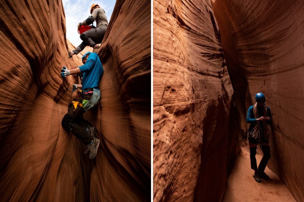 Two pictures of Lucas in the slot canyons
