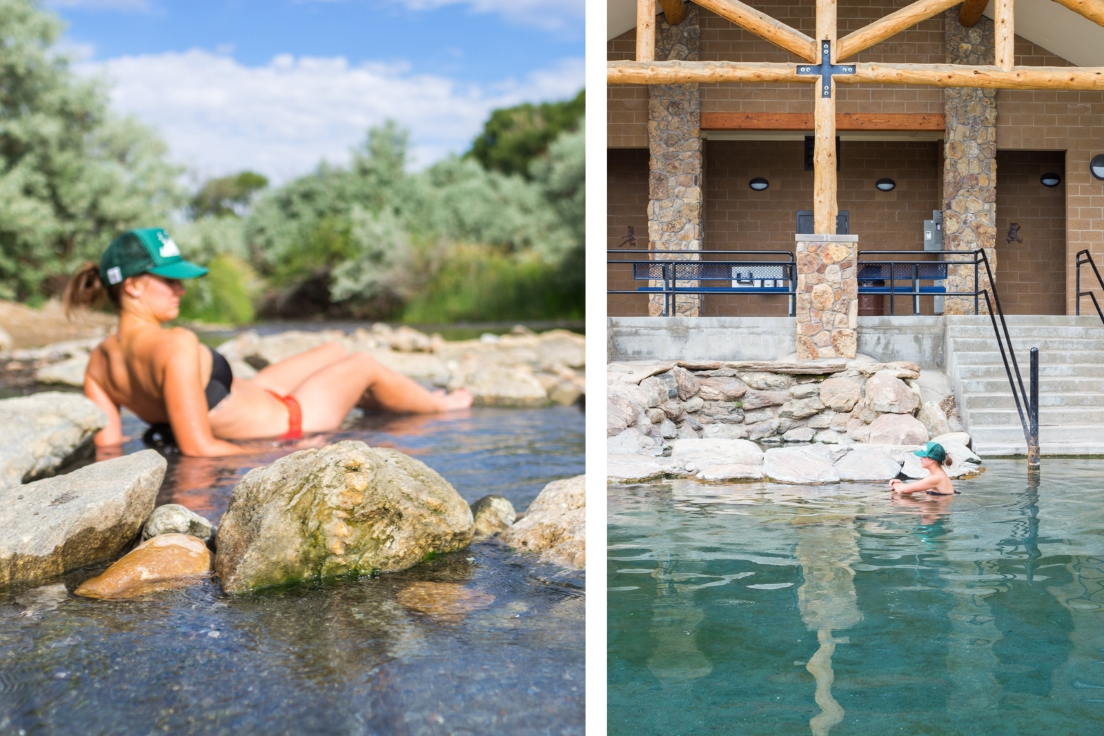 Two images, one of a woman lounging in a river, and another of a woman wading in a pool.