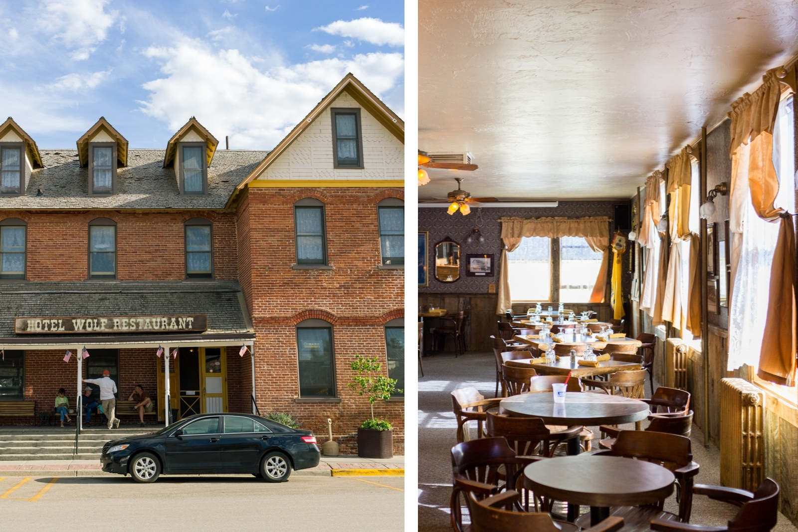 Two images, one of a historic building, and one of the inside of a historic restaurant