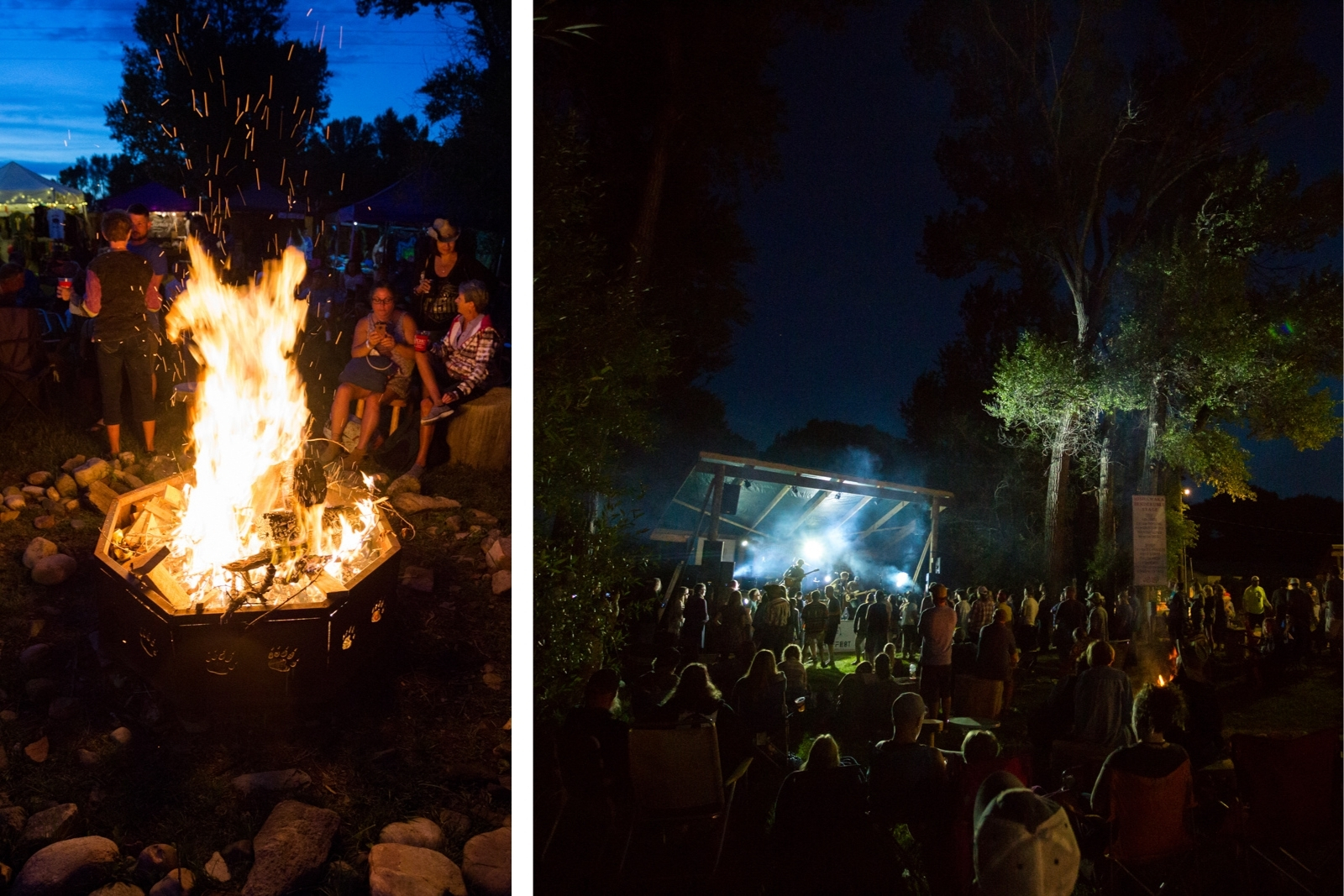 Two images, one of a bonfire and one of a concert at night