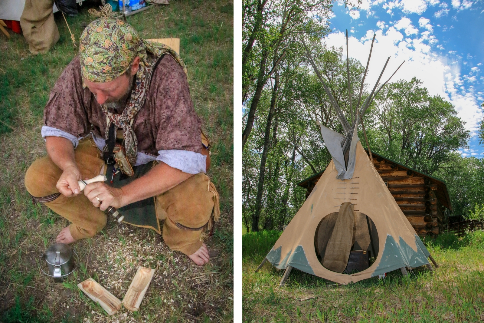 Two images, on the left is a man dressed up like a mountain man, and on the right is a teepee