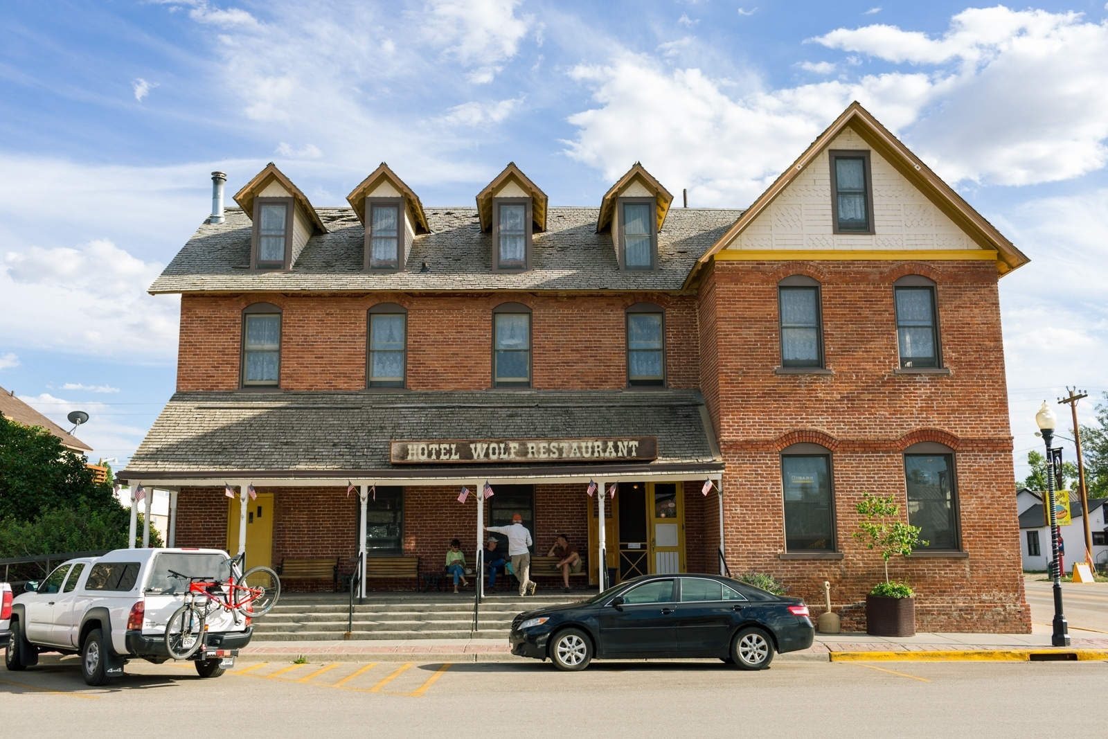 Historic hotel with blue sky behind