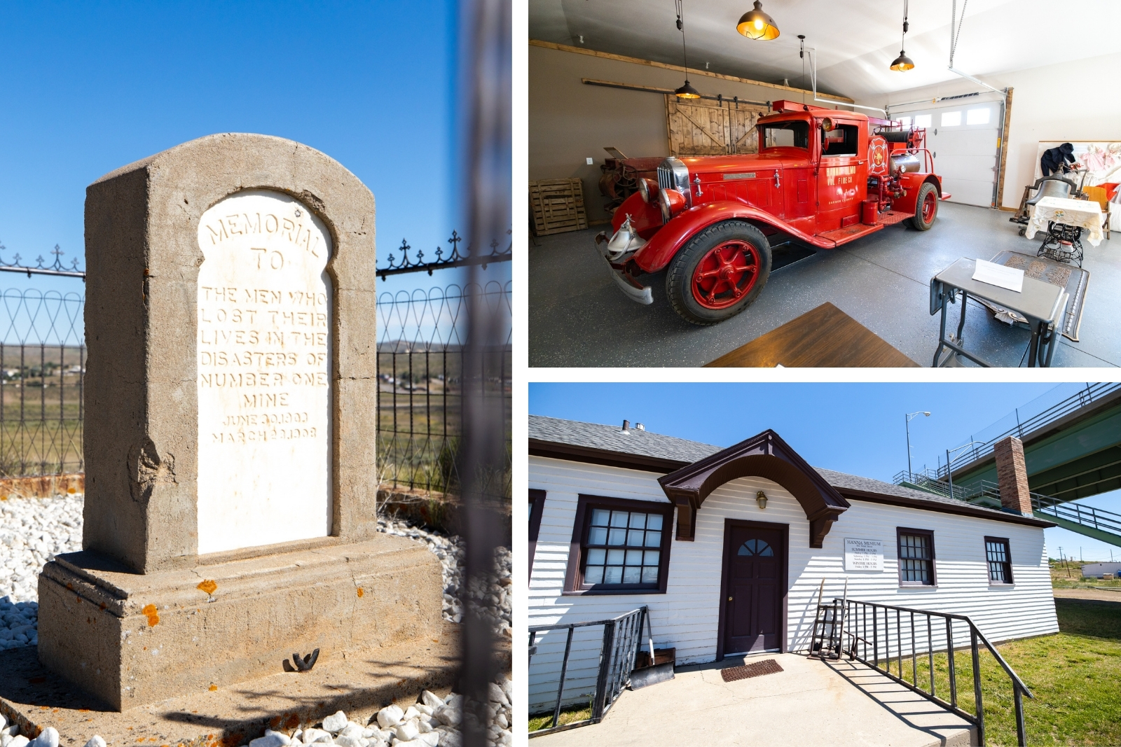 3 images of Hanna, Carbon County, WY. One of a gravestone, one of a historic firetruck inside a museum, and another of a white house.
