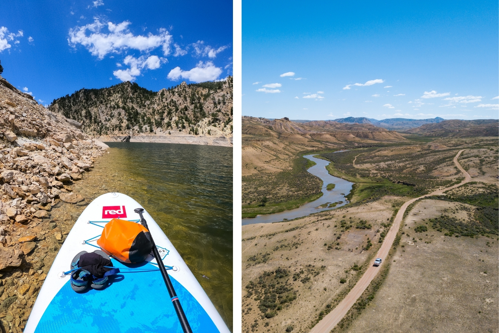 2 images from Seminoe State Park, WY. One of a paddleboard on a lake, and one with an areal view of a meandering river and a car driving on a dirt road.