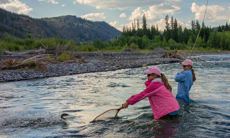 Scott Copeland, Two girls Fly Fishing in Wiggins Valley