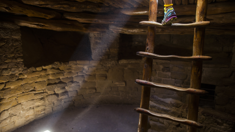 Ladder and foot in Mesa Verde National Park cliff dwelling