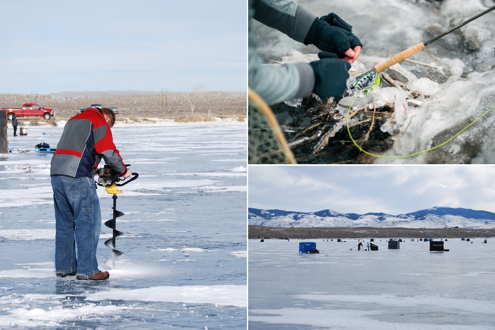 3 images of ice fishing, one of a man drilling a hole in the ice, one of tents on an icy lake, and one of someone fishing in winter conditions.