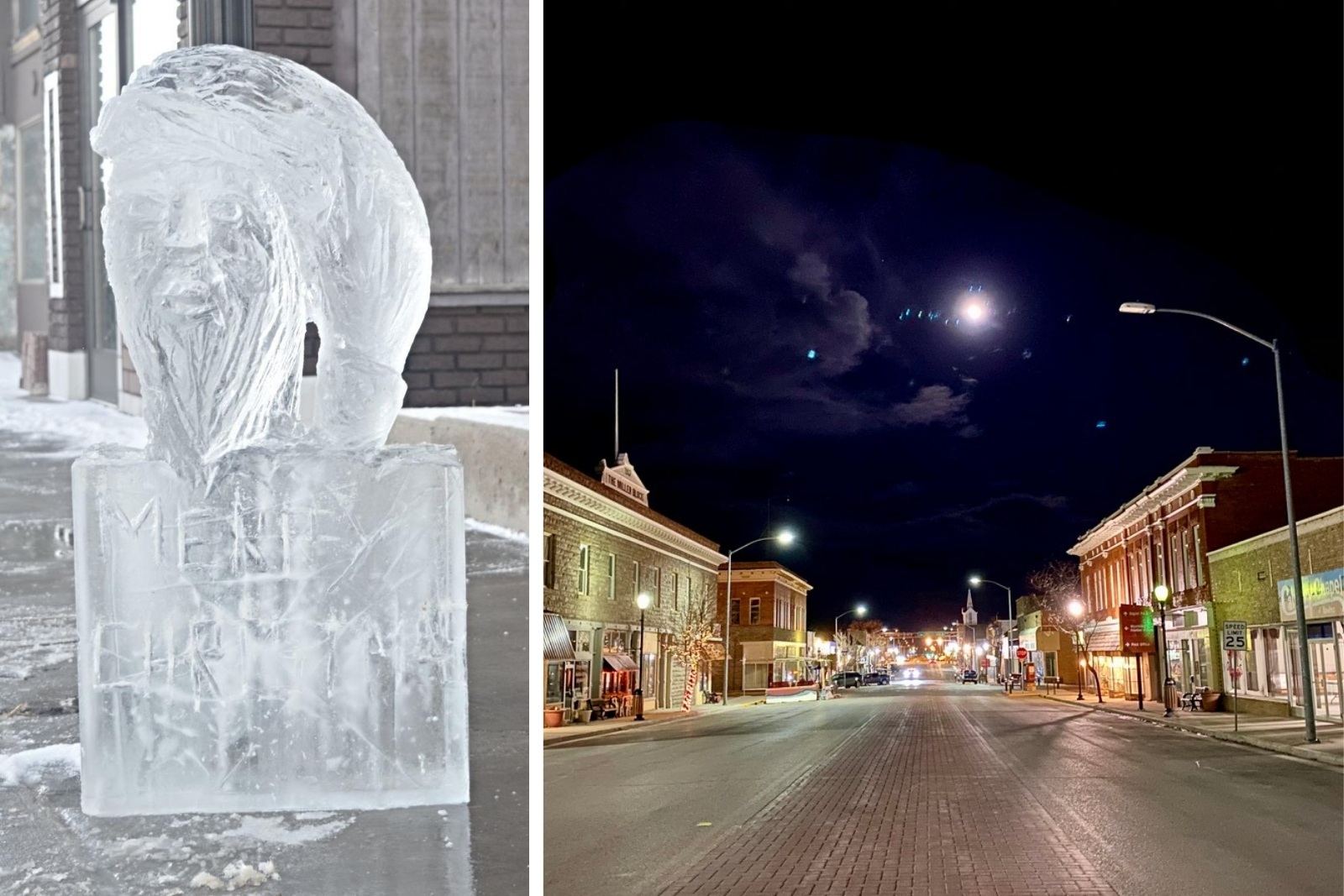 2 images, one of an ice sculpture and one of a a city street at night in the winter.