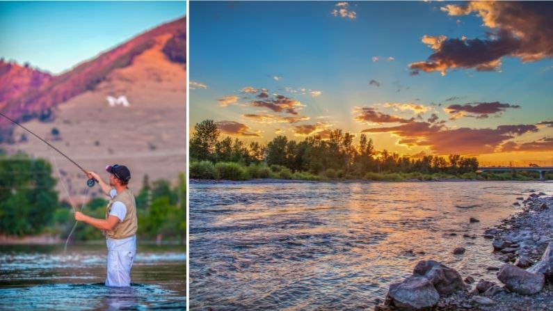 Collage of man fishing and river at sunset in Missoula