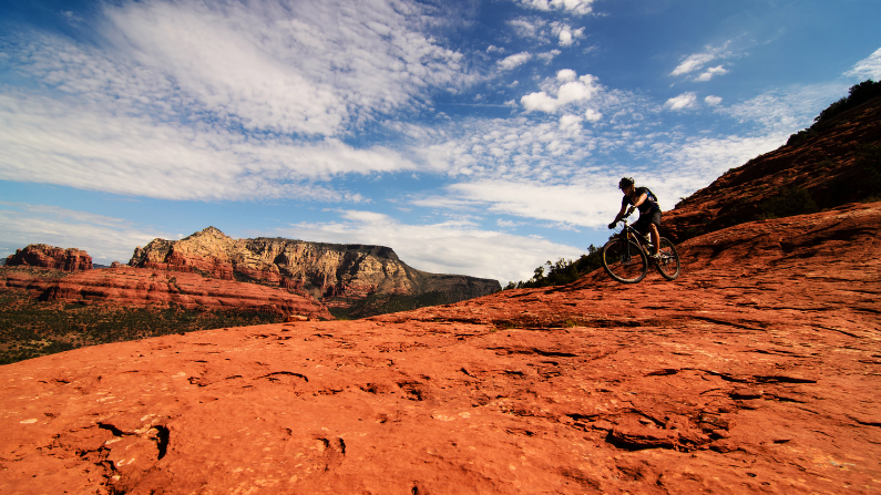 A mountain biker rides through desert terrain