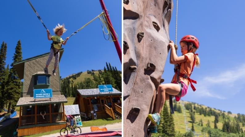 children on bungee trampoline and rock climbing wall at Grand Targhee Resort