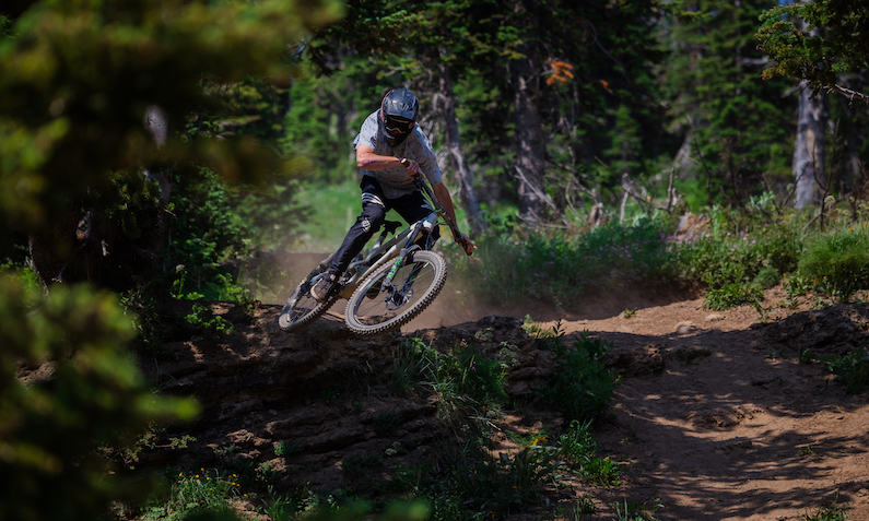 Mountain biker riding downhill in forest at Grand Targhee Resort