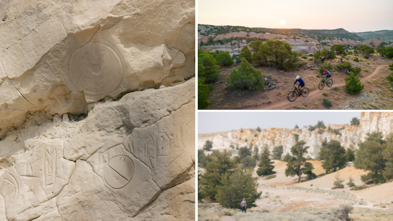 Collage of images hiking, biking, and petroglyphs around Riverton Wyoming