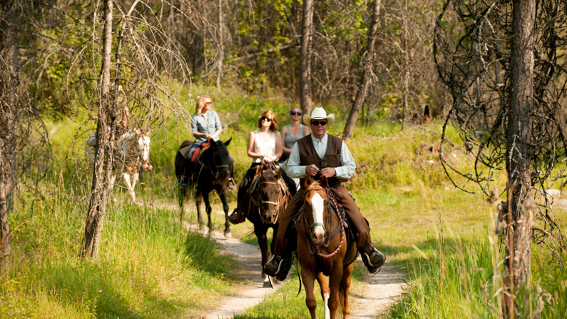 People trail horseback riding through Glacier National Park