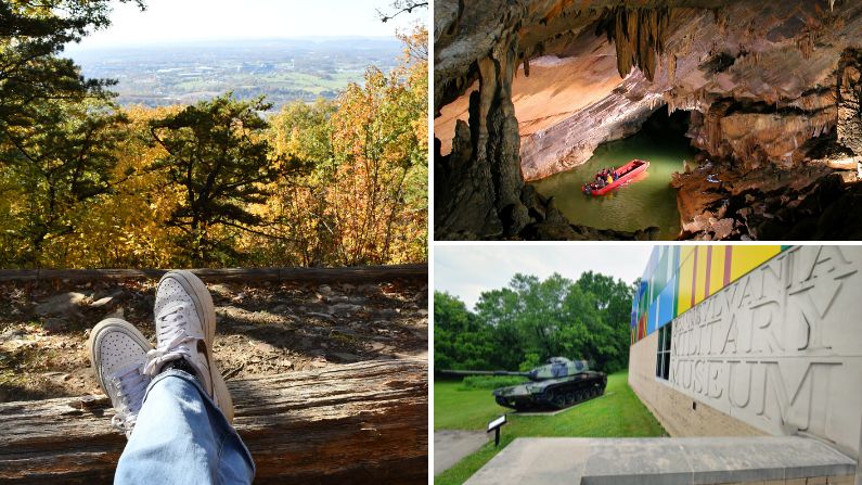 Collage of images from hiking, caving, and museums in Happy Valley, PA