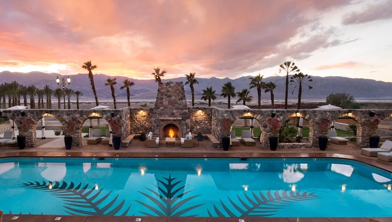 Pool at The Oasis at Death Valley in California at sunset