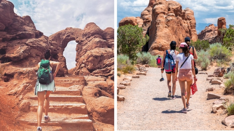 Collage of hiking in Moab, Utah.