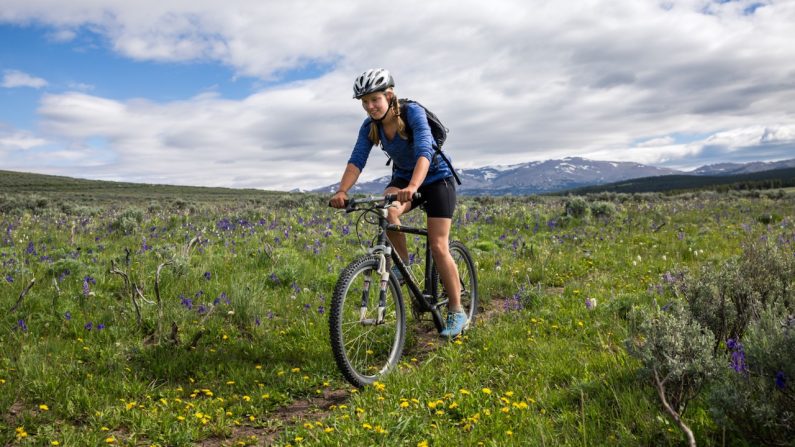 Mountain biker in meadow in Washakie County