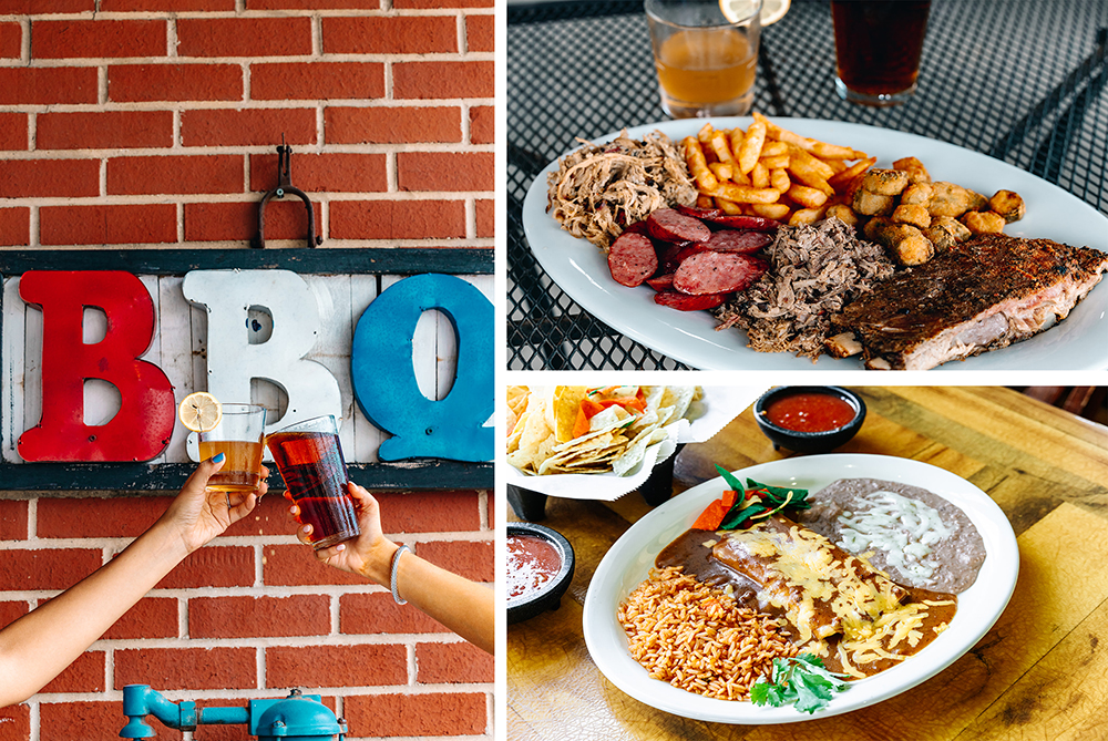 Photo collage showing two hands toasting drinks in front of a "BBQ" sign and plates of food. Grapevine, Texas.