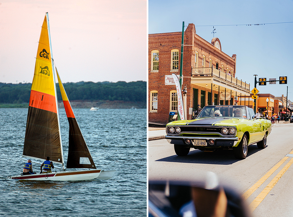 Photo montage of a sailboat on a large lake and classic car on a vintage American main street. Grapevine, Texas.