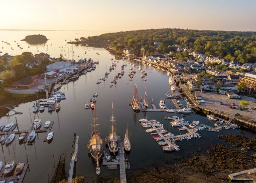 Aerial shot of Camden, Maine and the bay.