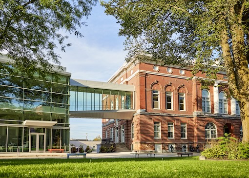 Colorful buildings on a street in downtown Waterville, Maine