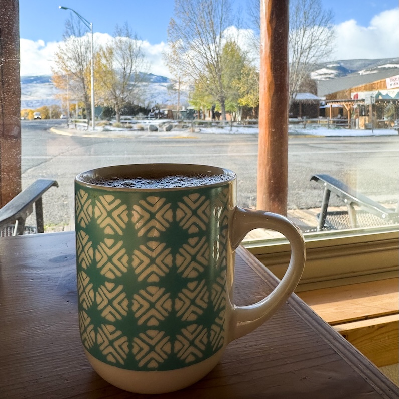 Coffee cup with view outside at The Perch in Dubois, Wyoming