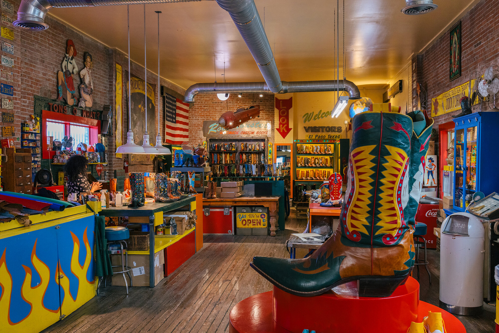 Colorful interior of Rocketbuster Boots, El Paso's iconic custom cowboy boot shop
